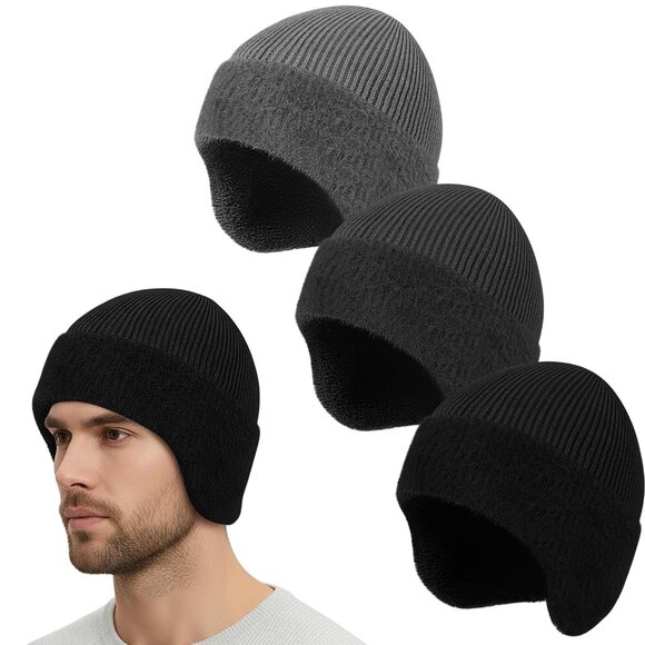 Fleece Lined Knit Beanie Earflap Hat Unisex Warm Winter Skull Cap main image 4